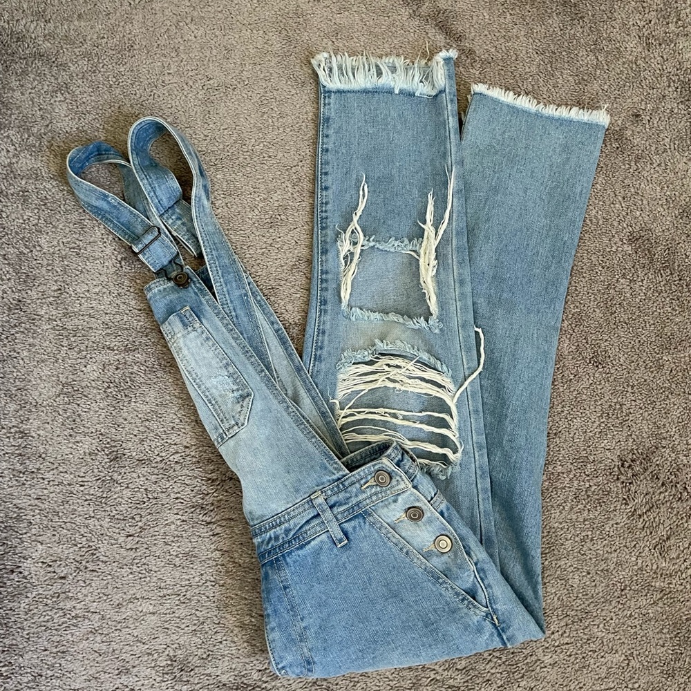 Blue denim overalls H&M destroyed
